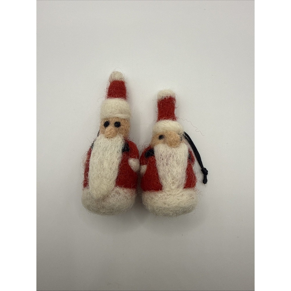 Lot of 2 Artisan Felt Santa Christmas Ornament 2.5" Key Fob Hand Made Vintage